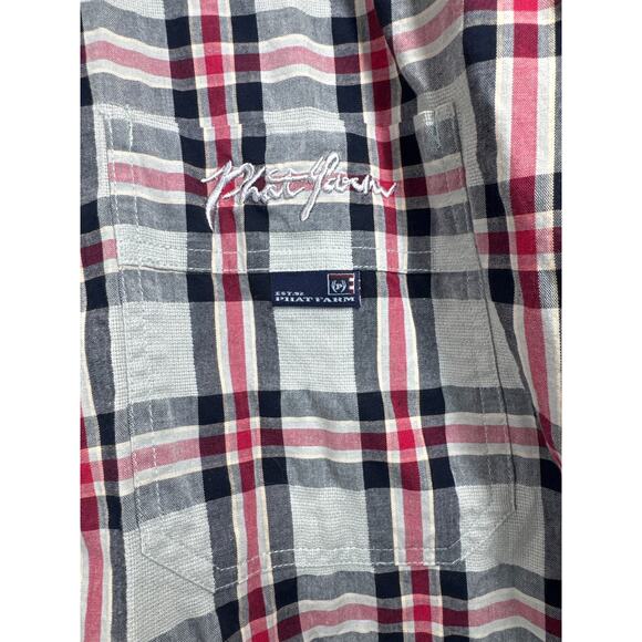 Phat Farm Men's Red Black Gray Plaid Button Down Shirt Sleeve Shirt Size XL - Picture 3 of 5